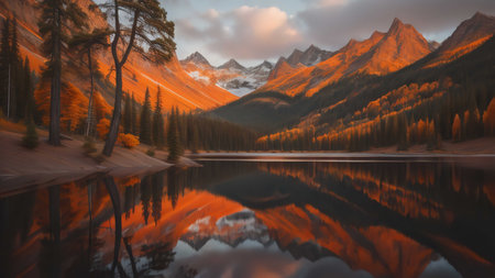 Mountains reflected in the lake, Jasper National Park, generative aiの素材