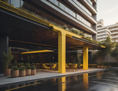 Restaurant with yellow and black tables and chairs in the city. generative aiの素材