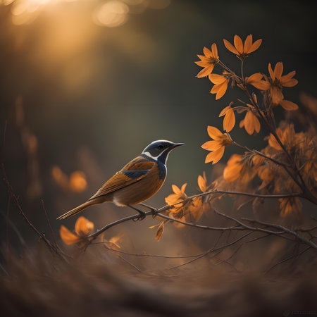 Bird on a branch with yellow flowers in the forest at sunset. generative aiの素材