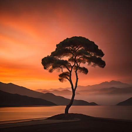 Tree on the beach at sunset with mountains in the background, generative aiの素材