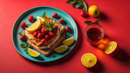 Waffles with strawberries and lemon on a red background, top view. generative aiの素材