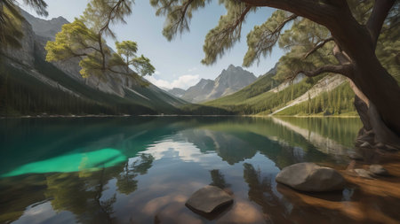 Reflection of mountains and pine trees in crystal clear water of lake. generative aiの素材
