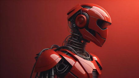 Cyborg with red helmet on red background. generative aiの素材