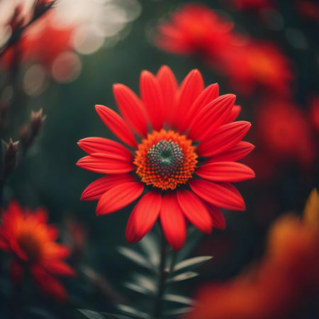 Beautiful red daisy flower in the garden. Soft focus. generative aiの素材