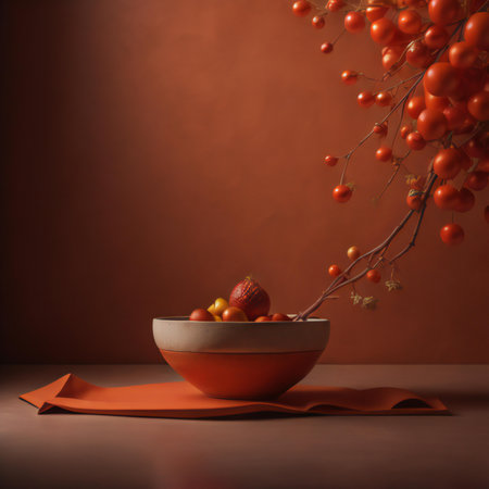 Easter eggs in a bowl on a brown background with a branch of red berries. generative aiの素材
