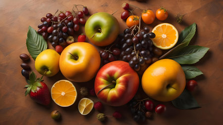 Fruits and vegetables on a brown background. Healthy food concept. generative aiの素材