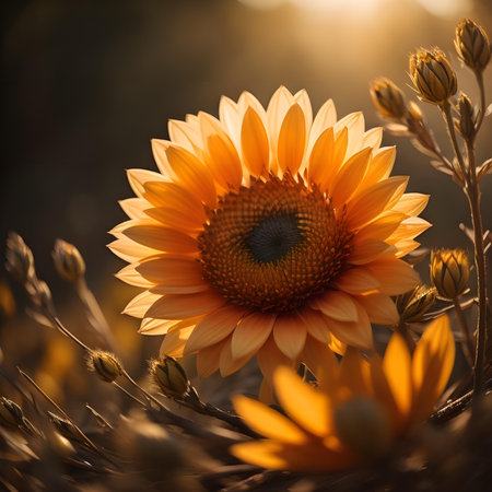Sunflower in a field in the rays of the setting sun. generative aiの素材