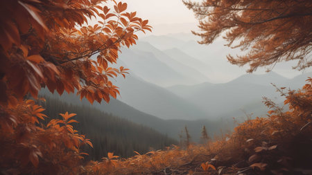 Autumn mountain landscape with colorful forest and fog in the morning. generative aiの素材