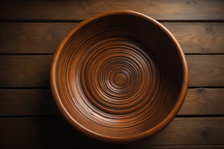 Empty wooden bowl on wooden background. Top view. Copy space. ai generativeの素材