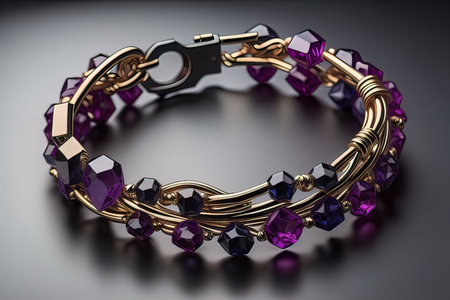 Jewelry Bracelet with precious stones on a gray background. Studio shot. ai generativeの素材