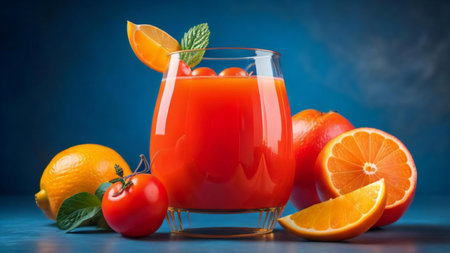 Glass of fresh orange juice with fruits and vegetables on blue background. generative aiの素材