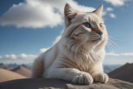 Persian cat with blue eyes on the background of the desert. generative aiの素材
