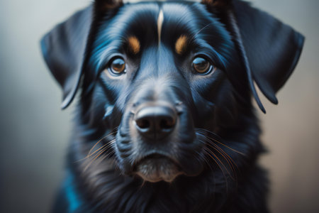 Portrait of a black dog with blue eyes on a dark background. ai generatedの素材