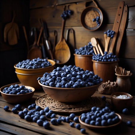 Blueberries in bowls and wooden spoons on rustic background. generative aiの素材