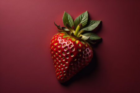 Strawberry on a red background, top view, copy space. ai generatedの素材