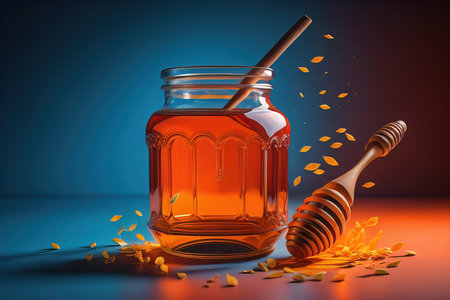 Jar of honey with wooden drizzler and flower petals on blue background. generative aiの素材