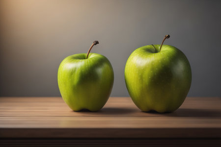 Green apple on a wooden table with dark background, shallow depth of field. The concept of healthy eating. ai generativeの素材