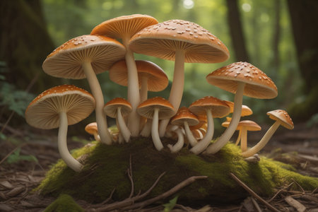 Mushrooms on a solid color background with green moss and water drops. generative aiの素材