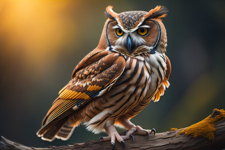 Owl with yellow eyes on a solid background. ai generativeの素材