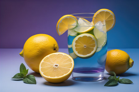Cocktail with lemon, lime and mint on a blue background. generative aiの素材