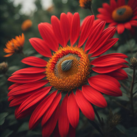 Beautiful red daisy flower in the garden. Vintage style. generative aiの素材