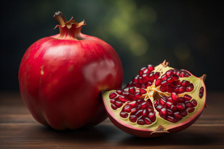 Ripe pomegranate fruit on wooden table with dark background. ai generatedの素材