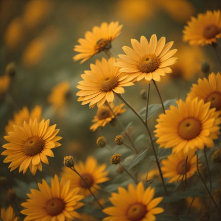 Beautiful yellow daisies in the field. Vintage style. generative aiの素材