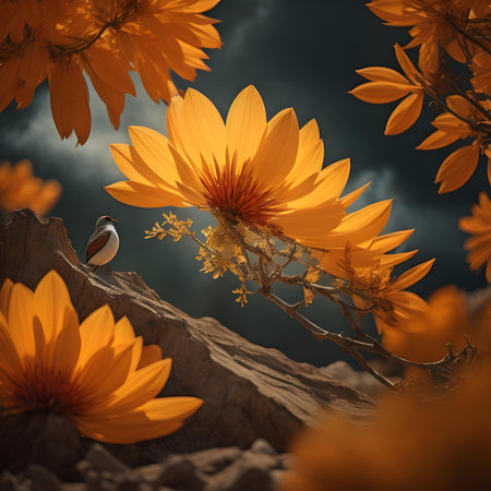 a yellow flower with a bird in the background. generative aiの素材