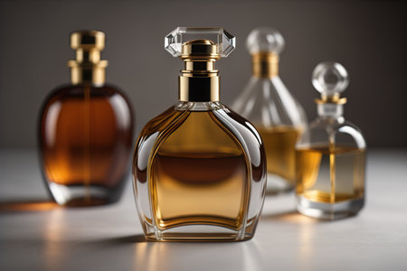Creative and brandless Perfume bottle and flower on the wooden table, closeup. ai generativeの素材