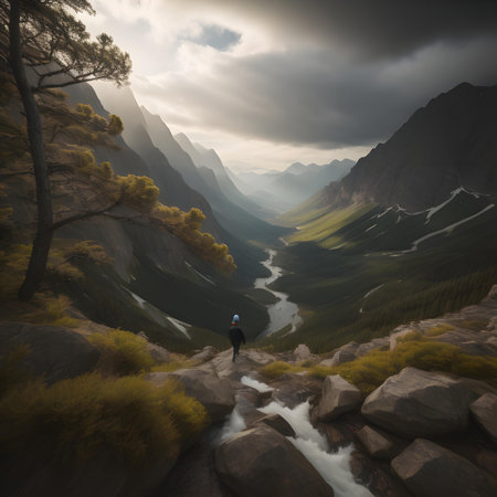 Man standing on the edge of a cliff and looking at the valley. generative aiの素材