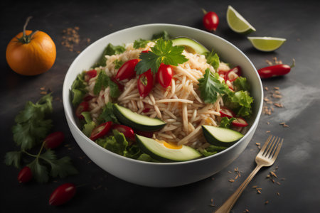Vegetable salad in a bowl on a dark background. Healthy food. generative aiの素材