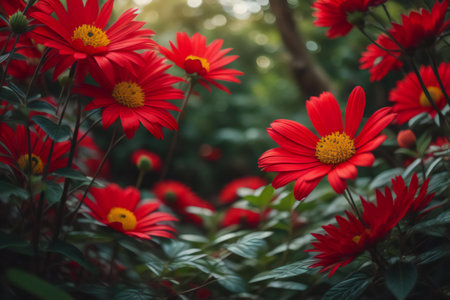 Red daisy flowers in the garden. Floral background. Red flowers. generative aiの素材