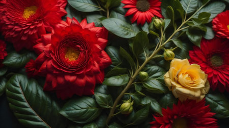 Flowers composition. Red roses, yellow daisies, green leaves on dark background. Flat lay, top view, copy space. generative aiの素材