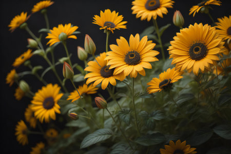 Yellow daisies on a dark background. Shallow depth of field. ai generatedの素材
