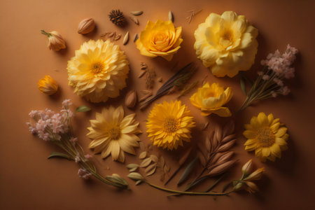 Flower composition on brown background. Flat lay, top view. ai generatedの素材
