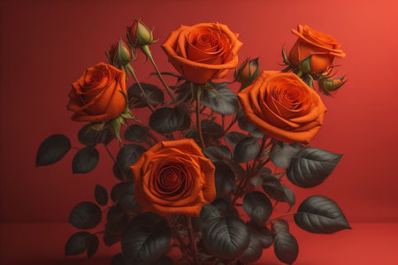 Red roses background. Top view of beautiful red roses with green leaves. ai generativeの素材