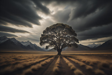 Lonely tree in the desert at sunset, ai generatedの素材