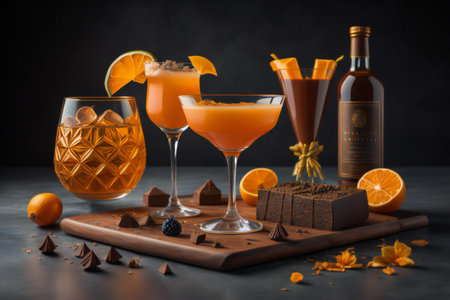 Cocktail with orange, chocolate and ice on a black background. generative aiの素材