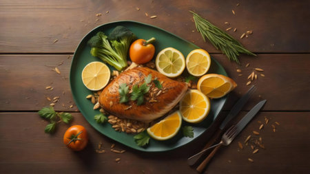 Roasted salmon fillet with lemon and parsley on wooden background. ai generatedの素材