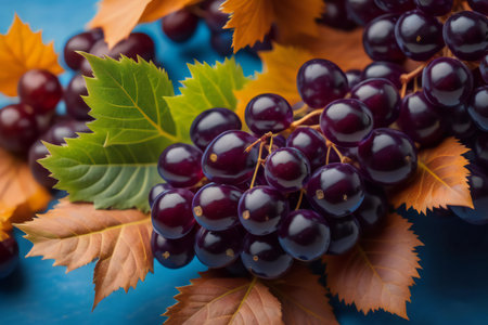 Bunch of ripe black grapes with autumn leaves on blue background. ai generatedの素材