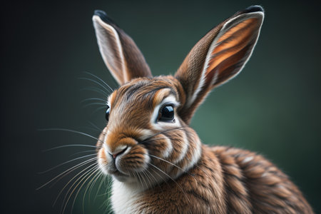 Portrait of a cute brown rabbit on a dark green background. generative aiの素材