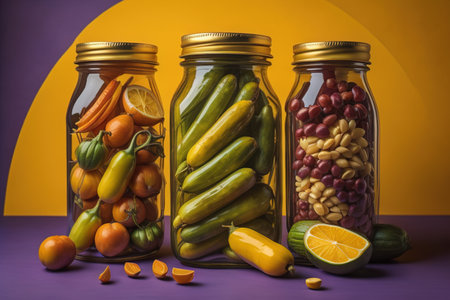 Vegetables and fruits in glass jars on a purple background. generative aiの素材
