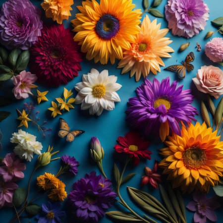 Colorful flowers on blue background. Flat lay, top view. generative aiの素材