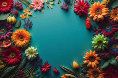 Colorful flowers on blue background. Flat lay, top view. generative aiの素材