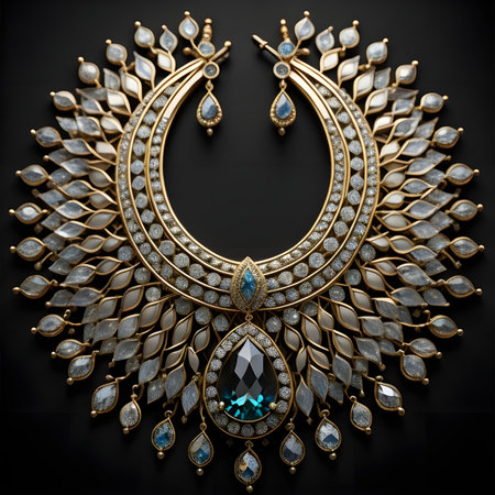Illustration of a gold necklace with precious stones on a black background. generative aiの素材