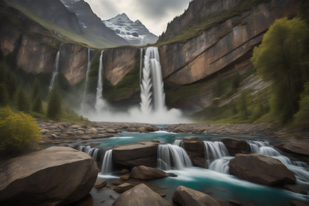 Waterfall in the Altai Mountains, Russia. Long exposure. generative aiの素材