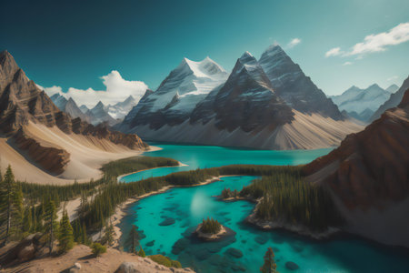 Fantasy landscape with lake and mountains. generative aiの素材