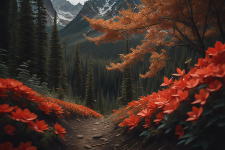 mountain landscape with red flowers and path in the forest. generative aiの素材