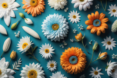 Flowers composition. Colorful daisies on blue background. Flat lay, top view, copy space. generative aiの素材