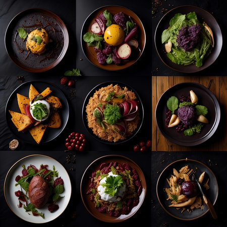 Collage of different salads and appetizers on dark background, top view. generative aiの素材